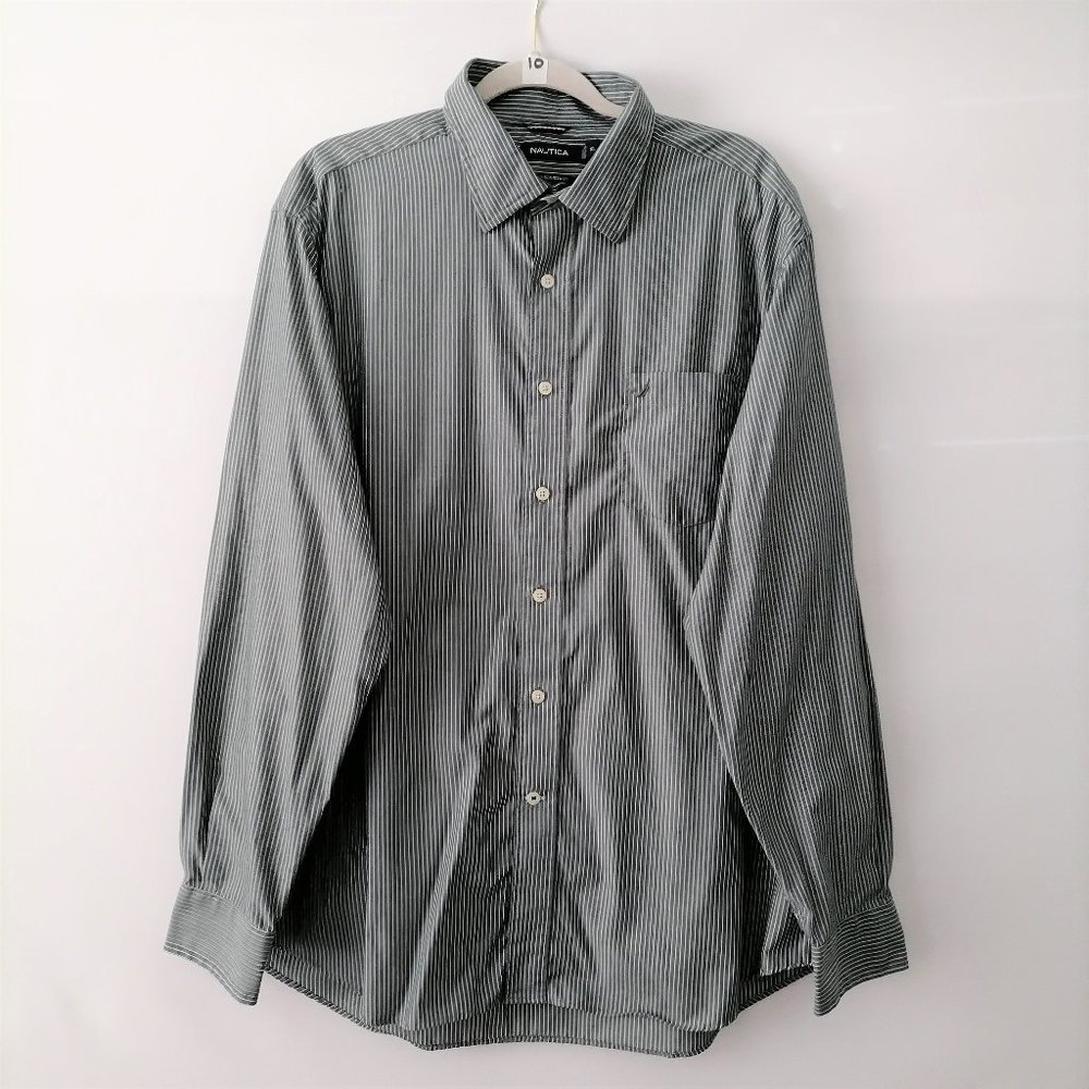 Nautica Mens Gray Pinstriped Long Sleeve Wrinkle Resistant Dress Shirt Size XL